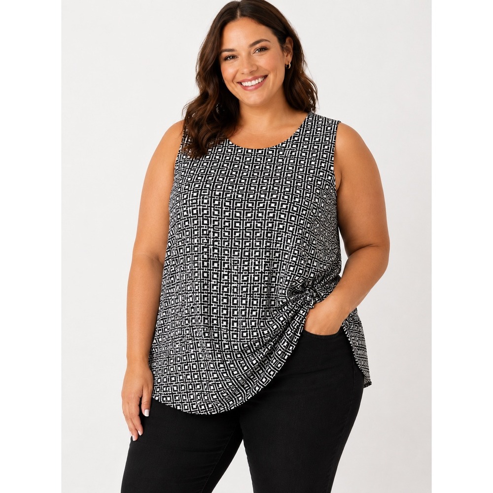 Liz‎ Claiborne 0X Black White Geometric Side Drape Sleeveless Career Blouse Top